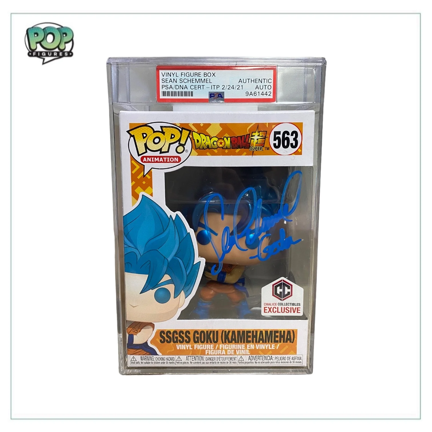 Sean Schemmel Signed SSGSS Goku (Kamehameha) #563 Funko Pop! - Dragon Ball Super - Chalice Collectibles Exclusive - PSA In-the-Presence Authentication